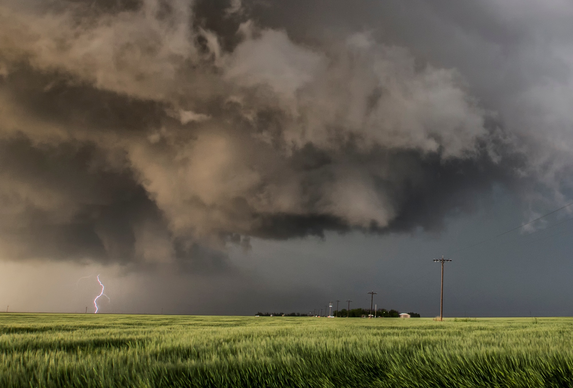 Storm clouds loom over a green field with lightning striking.
